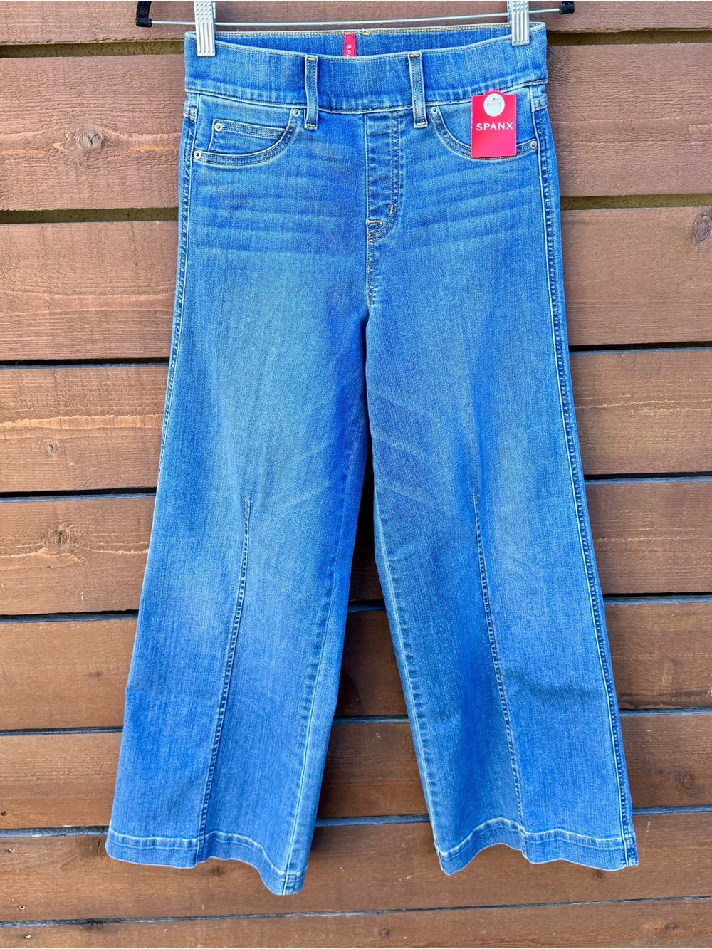 NWT Spanx Seamed Front Pull On Stretch Wide Leg Jeans Sz S Petite Vintage Indigo